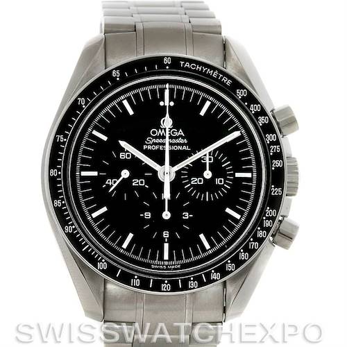 The image shows a frontal view of the Omega Speedmaster 3570.50 Men's Stainless Steel Black Dial 3570.50 Men's Stainless Steel Black Dial watch, highlighting its black dial, bezel, and metallic bracelet.