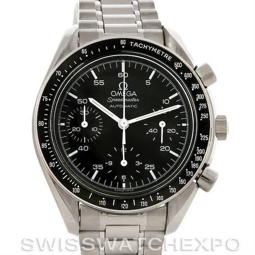The image shows a front view of the Omega Speedmaster 3510.50.00 Men's Stainless Steel Black Dial 3510.50.00 Men's Stainless Steel Black Dial watch, highlighting the tachymeter bezel, sub-dials, and stainless steel bracelet.