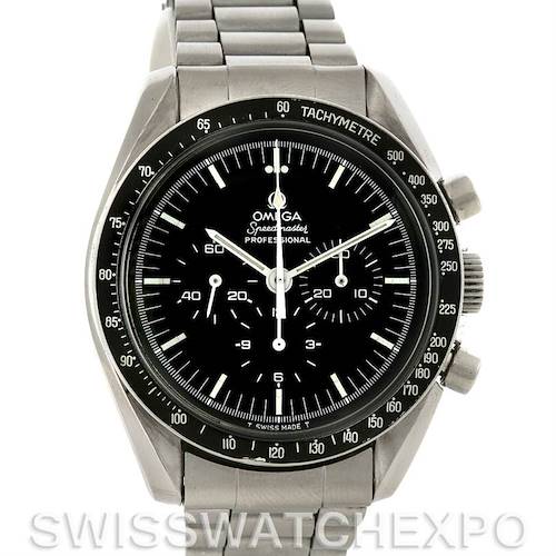 This Omega Speedmaster Men's Stainless Steel Black Dial Men's Stainless Steel Black Dial watch is shown from a front angle, displaying its face, tachymeter bezel, and part of the bracelet.