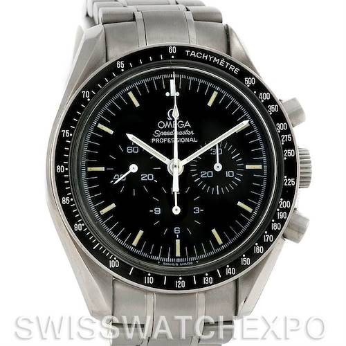 The image shows a front view of an Omega Speedmaster 3570.50 Men's Stainless Steel Black Dial 3570.50 Men's Stainless Steel Black Dial Professional watch, highlighting its dial, bezel, and bracelet.