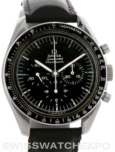 This image shows a front view of the Omega Speedmaster Men's Stainless Steel Black Dial Men's Stainless Steel Black Dial watch, highlighting its dial, chronograph subdials, and tachymeter bezel.