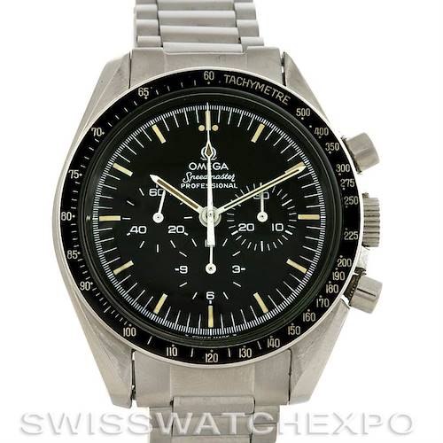 This image shows a frontal view of the Omega Speedmaster Men's Stainless Steel Black Dial Men's Stainless Steel Black Dial Professional watch, highlighting its dial, hands, tachymeter bezel, and bracelet.