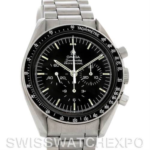 This image shows a frontal view of an Omega Speedmaster 145022 Men's Stainless Steel Black Dial 145022 Men's Stainless Steel Black Dial watch, highlighting its dial, bezel, and bracelet.