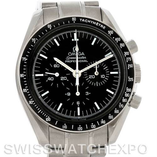 This image shows a front-facing view of the Omega Speedmaster 3570.50 Men's Stainless Steel Black Dial 3570.50 Men's Stainless Steel Black Dial Professional watch, featuring its black dial and tachymeter bezel.