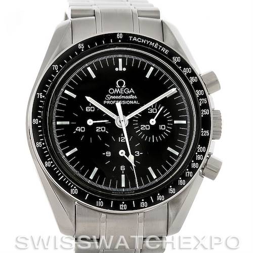 This image shows a frontal view of the Omega Speedmaster 3572.50.00 Men's Stainless Steel Black Dial 3572.50.00 Men's Stainless Steel Black Dial watch, highlighting its black dial, tachymeter, and stainless steel bracelet.