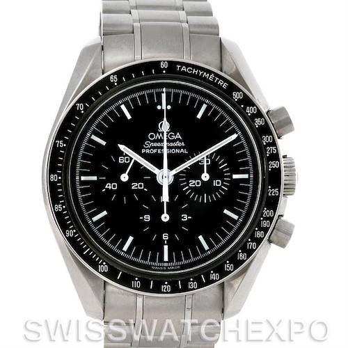 The image shows a front view of an Omega Speedmaster 3570.50.00 Men's Stainless Steel Black Dial 3570.50.00 Men's Stainless Steel Black Dial Professional watch with a stainless steel band and tachymeter bezel.
