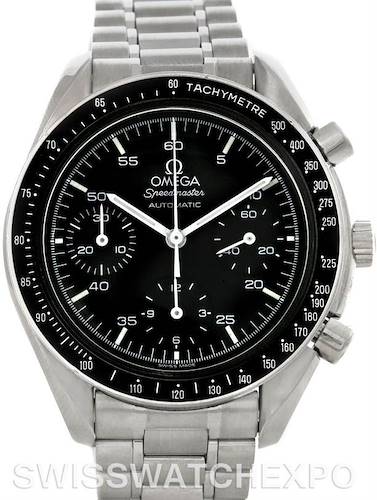The Omega Speedmaster 3510.50 Men's Stainless Steel Black Dial 3510.50 Men's Stainless Steel Black Dial watch is shown from the front, displaying its dial, bezel, and bracelet.