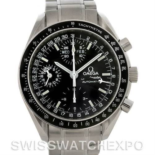 The image shows a frontal view of an Omega Speedmaster 3220.50.00 Men's Stainless Steel Black Dial 3220.50.00 Men's Stainless Steel Black Dial watch, highlighting its dial, hands, and tachymeter bezel.