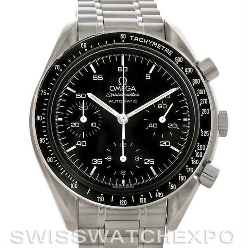 The image shows a front view of an Omega Speedmaster 3510.50.00 Men's Stainless Steel Black Dial 3510.50.00 Men's Stainless Steel Black Dial watch, displaying its dial, tachymeter bezel, and stainless steel bracelet.