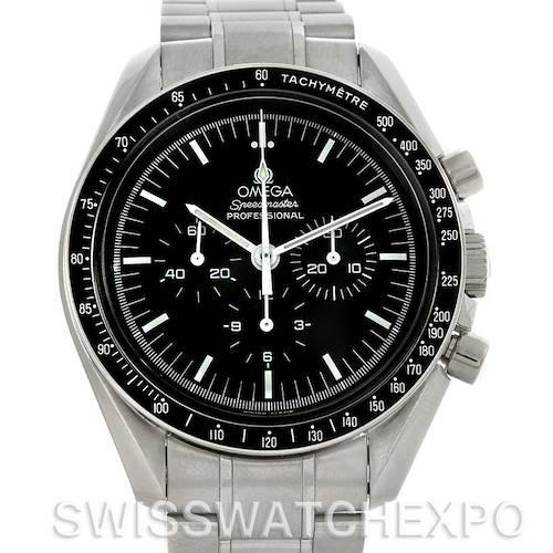 This image shows a front view of an Omega Speedmaster 3570.50.00 Men's Stainless Steel Black Dial 3570.50.00 Men's Stainless Steel Black Dial watch, highlighting its black dial, tachymeter bezel, and stainless steel bracelet.