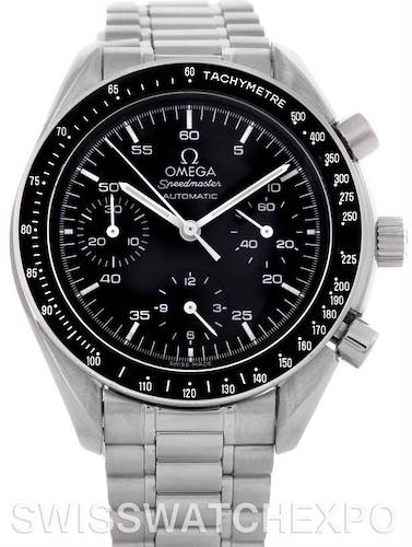 This image shows a frontal view of an Omega Speedmaster 3510.50.00 Men's Stainless Steel Black Dial 3510.50.00 Men's Stainless Steel Black Dial watch, highlighting its dial, bezel, pushers, and stainless steel bracelet.
