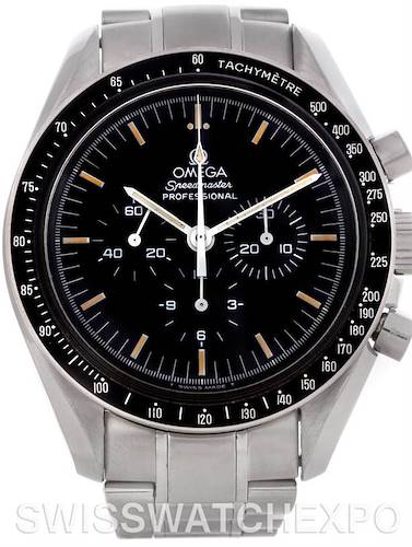 The image shows a front view of an Omega Speedmaster Men's Stainless Steel Black Dial Men's Stainless Steel Black Dial watch, highlighting the dial, tachymeter bezel, and bracelet.