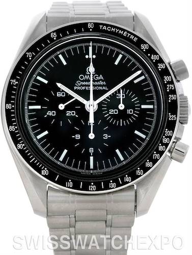 This image shows the front view of an Omega Speedmaster 3570.50.00 Men's Stainless Steel Black Dial 3570.50.00 Men's Stainless Steel Black Dial Professional watch, including its dial, bezel, and bracelet.