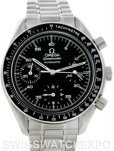 The image shows a head-on view of the Omega Speedmaster 3510.50.00 Men's Stainless Steel Black Dial 3510.50.00 Men's Stainless Steel Black Dial watch, displaying the dial, crown, and part of the bracelet.