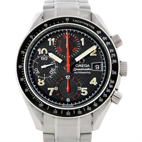 The image shows a front view of the Omega Speedmaster 3513.53.00 Men's Stainless Steel Black Dial 3513.53.00 Men's Stainless Steel Black Dial watch, displaying its dial, tachymeter bezel, and steel bracelet.