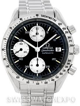 The image shows a front view of the Omega Speedmaster 3511.50.00 Men's Stainless Steel Black Dial 3511.50.00 Men's Stainless Steel Black Dial watch, featuring its dial, bezel, and bracelet.