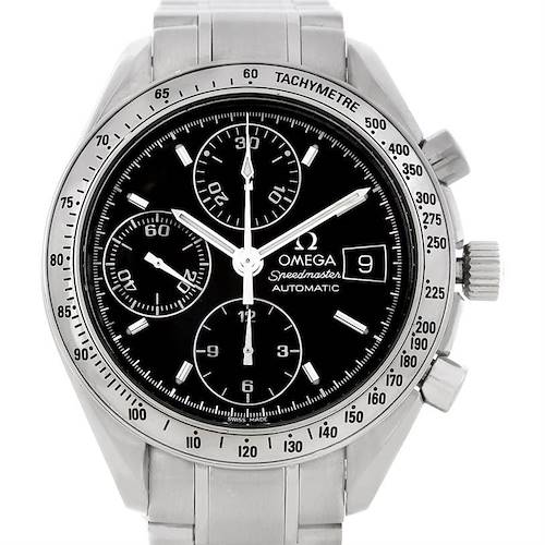 The image shows a frontal view of an Omega Speedmaster 3513.50.00 Men's Stainless Steel Black Dial 3513.50.00 Men's Stainless Steel Black Dial watch, highlighting its dial, subdials, tachymeter bezel, and date window.