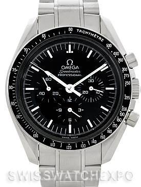 The image shows a frontal view of an Omega Speedmaster 3570.50.00 Men's Stainless Steel Black Dial 3570.50.00 Men's Stainless Steel Black Dial watch, displaying the face, bezel, and part of the bracelet.