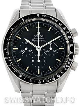 The image shows a front view of the Omega Speedmaster Men's Stainless Steel Black Dial Men's Stainless Steel Black Dial, displaying the dial, bezel, and part of the stainless steel bracelet.