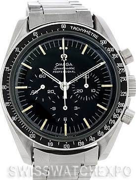 The image shows a frontal view of an Omega Speedmaster 145.022 Men's Stainless Steel Black Dial 145.022 Men's Stainless Steel Black Dial watch, displaying the dial, hands, tachymeter bezel, and part of the bracelet.