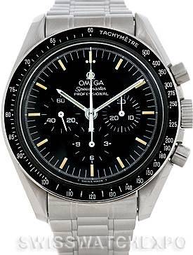 The image shows a front view of the Omega Speedmaster 3570.50.00 Men's Stainless Steel Black Dial 3570.50.00 Men's Stainless Steel Black Dial watch, displaying the dial, bezel, crown, and chronograph pushers.