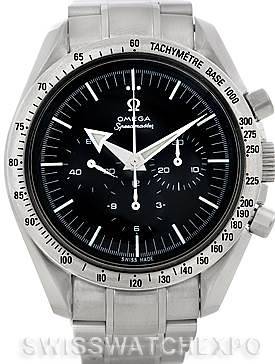 This image shows a front view of an Omega Speedmaster 3594.50.00 Men's Stainless Steel Black Dial 3594.50.00 Men's Stainless Steel Black Dial watch, displaying its dial, tachymeter bezel, and stainless steel bracelet.