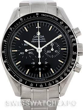 The image shows a frontal view of the Omega Speedmaster 3570.50.00 Men's Stainless Steel Black Dial 3570.50.00 Men's Stainless Steel Black Dial watch, displaying its face, bezel, dial, and pushers.