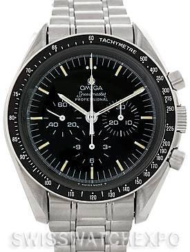 This image shows a front view of the Omega Speedmaster 3570.50.00 Men's Stainless Steel Black Dial 3570.50.00 Men's Stainless Steel Black Dial watch, displaying its dial, bezel, and bracelet.
