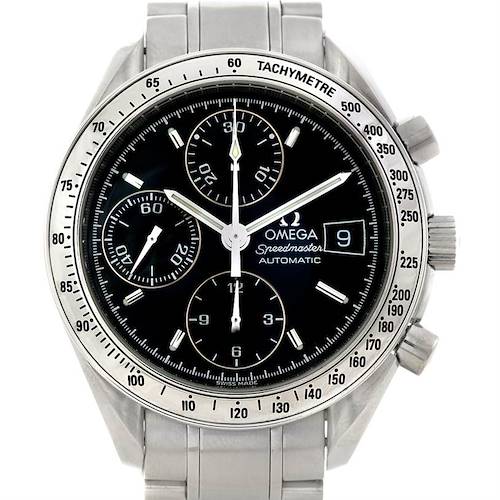The image is a frontal view of an Omega Speedmaster 3513.50.00 Men's Stainless Steel Black Dial 3513.50.00 Men's Stainless Steel Black Dial watch displaying the face, bezel, and crown.