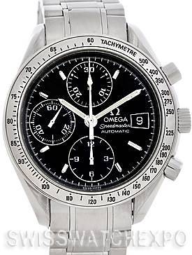 The Omega Speedmaster 3513.50.00 Men's Stainless Steel Black Dial 3513.50.00 Men's Stainless Steel Black Dial watch is shown from the front angle, featuring a black dial, chronograph subdials, and tachymeter scale.