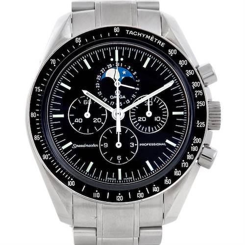 This image shows a front view of the Omega Speedmaster 3576.50.00 Men's Stainless Steel Black Dial 3576.50.00 Men's Stainless Steel Black Dial watch, highlighting its dial, tachymeter bezel, and stainless steel bracelet.