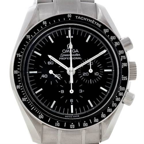 The image shows a frontal view of an Omega Speedmaster 3572.50.00 Men's Stainless Steel Black Dial 3572.50.00 Men's Stainless Steel Black Dial watch, highlighting the black dial, tachymeter bezel, and chronograph features.