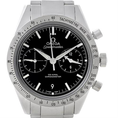 The image shows a front view of an Omega Speedmaster 331.10.42.51.01.001 Men's Stainless Steel Black Dial 331.10.42.51.01.001 Men's Stainless Steel Black Dial watch highlighting the dial, bezel, and chronograph buttons.