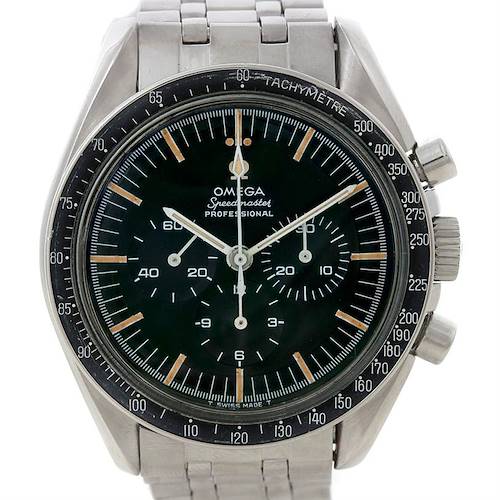 The image shows a front view of the Omega Speedmaster Men's Stainless Steel Black Dial Men's Stainless Steel Black Dial watch, displaying the dial, bezel, subdials, and bracelet.