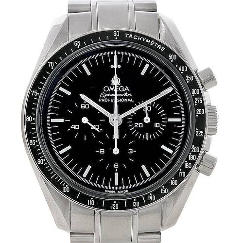 The image shows a frontal view of the Omega Speedmaster 3570.50.00 Men's Stainless Steel Black Dial 3570.50.00 Men's Stainless Steel Black Dial watch, displaying its black dial, tachymetre bezel, and stainless steel bracelet.