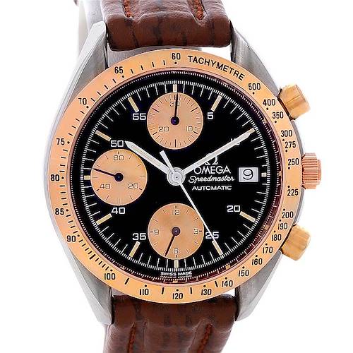 The Omega Speedmaster 3716.50.00 Men's Stainless Steel Black Dial 3716.50.00 Men's Stainless Steel Black Dial watch is shown from the front, highlighting its face, bezel, and part of the leather strap.