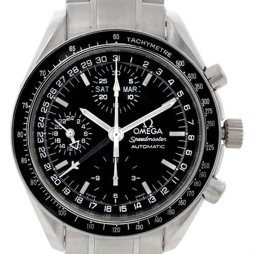The Omega Speedmaster 3520.50.00 Men's Stainless Steel Black Dial 3520.50.00 Men's Stainless Steel Black Dial watch is shown from a top view, displaying its face, bezel, and crown.