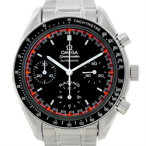 The image shows a front view of an Omega Speedmaster 3518.50.00 Men's Stainless Steel Black Dial 3518.50.00 Men's Stainless Steel Black Dial Racing model watch, highlighting its black dial, subdials, and stainless steel bracelet.