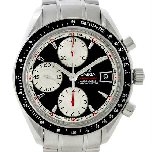 The image shows a frontal view of the Omega Speedmaster 3210.51.00 Men's Stainless Steel Black Dial 3210.51.00 Men's Stainless Steel Black Dial watch, displaying its chronograph subdials and tachymeter bezel.