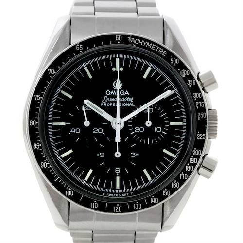 This image shows a front view of the Omega Speedmaster Men's Stainless Steel Black Dial Men's Stainless Steel Black Dial Professional watch, featuring its dial, tachymeter bezel, and stainless steel bracelet.