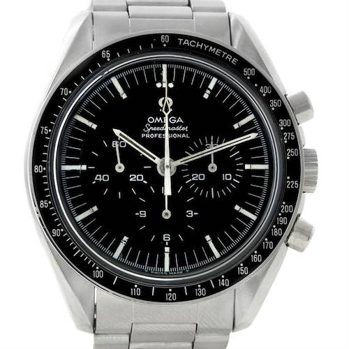 The image shows a front view of the Omega Speedmaster Men's Stainless Steel Black Dial Men's Stainless Steel Black Dial watch, displaying its dial, tachymeter bezel, and bracelet.