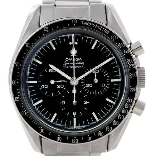 This image shows a front view of the Omega Speedmaster Men's Stainless Steel Black Dial Men's Stainless Steel Black Dial watch, displaying its dial, chronograph subdials, and stainless steel bracelet.