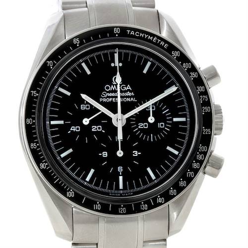 The image shows a close-up of an Omega Speedmaster 3570.50.00 Men's Stainless Steel Black Dial 3570.50.00 Men's Stainless Steel Black Dial Professional watch, highlighting its black dial, chronograph subdials, and tachymeter bezel.