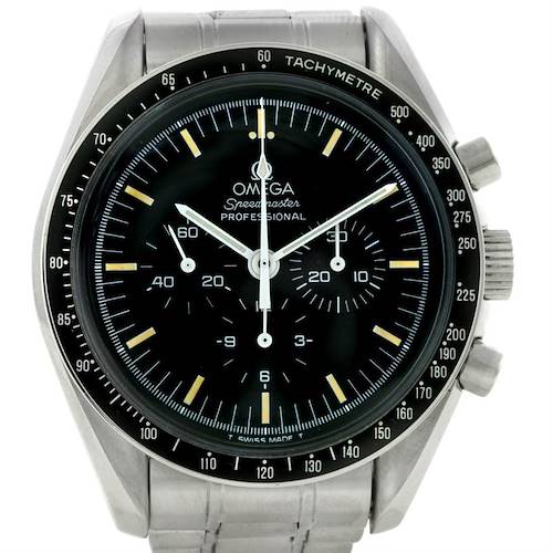 The image shows a front-facing view of an Omega Speedmaster Men's Stainless Steel Black Dial Men's Stainless Steel Black Dial watch, highlighting the dial, bezel, pushers, and bracelet.
