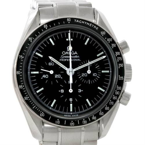 The image shows a front view of the Omega Speedmaster Men's Stainless Steel Black Dial Men's Stainless Steel Black Dial watch, displaying the dial, bezel, and part of the bracelet.