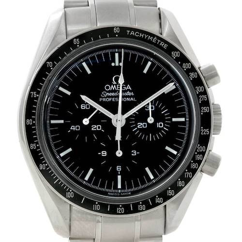 The image shows a front view of the Omega Speedmaster 3570.50.00 Men's Stainless Steel Black Dial 3570.50.00 Men's Stainless Steel Black Dial Professional watch, highlighting its dial and tachymeter bezel.