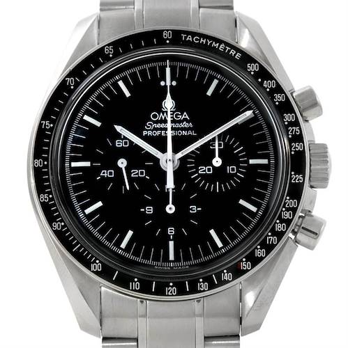 The image shows a front view of an Omega Speedmaster 3570.50.00 Men's Stainless Steel Black Dial 3570.50.00 Men's Stainless Steel Black Dial watch, highlighting its black dial, tachymeter bezel, and stainless steel bracelet.