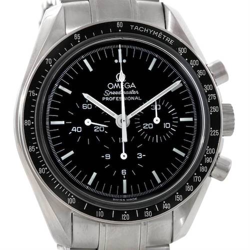 The image shows a front view of the Omega Speedmaster 3574.51.00 Men's Stainless Steel Black Dial 3574.51.00 Men's Stainless Steel Black Dial model watch, highlighting its dial, tachymeter bezel, and chronograph sub-dials.