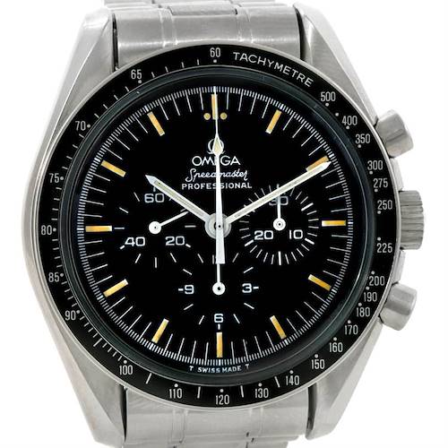 This is a front view of the Omega Speedmaster Men's Stainless Steel Black Dial Men's Stainless Steel Black Dial Professional, showing the dial, three sub-dials, and the tachymeter bezel.