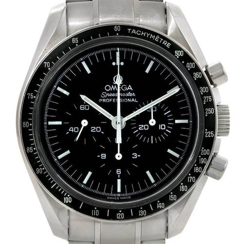 This image shows a front view of the Omega Speedmaster 3570.50.00 Men's Stainless Steel Black Dial 3570.50.00 Men's Stainless Steel Black Dial watch, highlighting its dial, hands, tachymeter bezel, and stainless steel case.